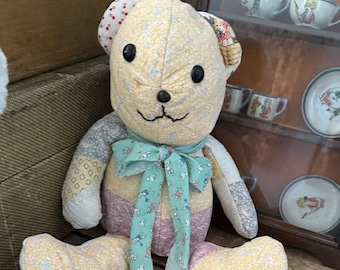 Repurposed vintage quilt used to make this adorable bear