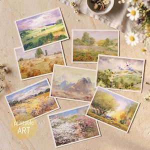 Puede incluir: Una colección de ocho láminas de arte rectangulares con paisajes en acuarela, que incluyen colinas verdes, campos de heno dorados, picos montañosos, un molino de viento y árboles en flor, con el texto printable ART visible abajo.