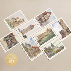 Watercolor Postcards with French Architecture | A6 Postcards | printable Postcards | digital Download