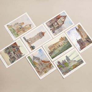 Cartes postales à l'aquarelle avec l'architecture française | Cartes postales A6 | cartes postales imprimables | téléchargement numérique