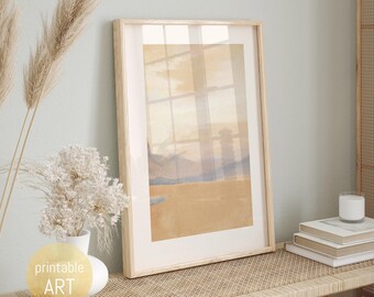 May include: A vertical framed wall art print featuring an abstract landscape in shades of beige, tan, and soft blue. The artwork depicts a horizon line with layered hills and a faint silhouette of a structure, presented in a light wood frame.