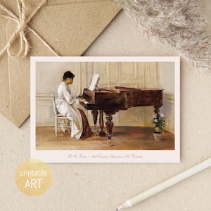 Cartolina dipinta con donna al pianoforte | Biglietto pieghevole A6 | mappa stampabile | download digitale