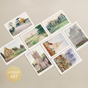 Postales de acuarela con arquitectura inglesa | Postales A6 | postales imprimibles | descarga digital
