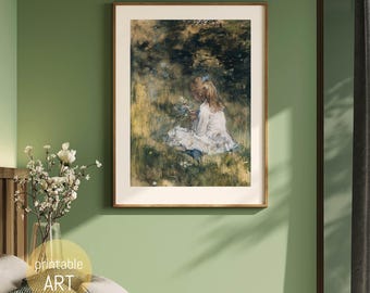 Pintura de uma menina com flores | Arte de parede para imprimir | Pôster | Download digital