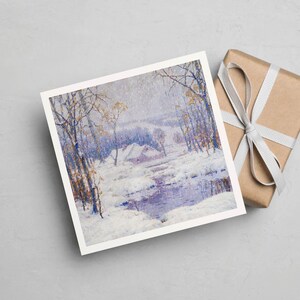 Carte d'hiver peinte avec une maison enneigée | carte pliante carrée | carte imprimable | téléchargement numérique