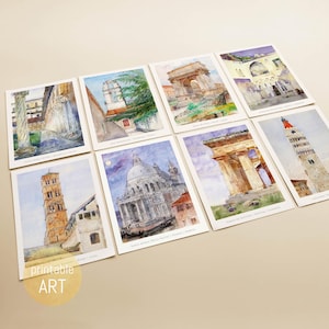 Cartes postales à l'aquarelle avec l'architecture italienne | Cartes postales A6 | cartes postales imprimables | téléchargement numérique