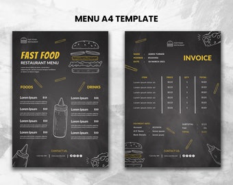 Menú de COMIDA RÁPIDA (editable en canva), plantilla de factura y banner de cinco redes sociales