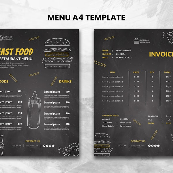 FAST FOOD Menu (editable in canva), Invoice Template and Five Social Media Banner