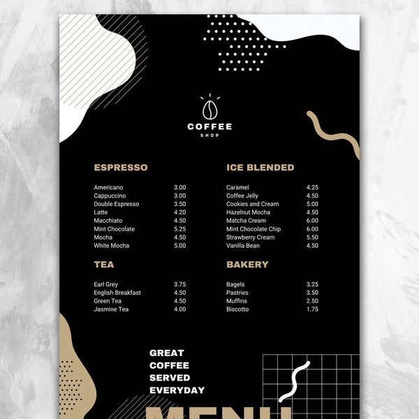 Coffee Menu, Coffee Shop Menu (Canva Menu Template), voucher template concept for coffee shop and invoice template concept for coffee shop