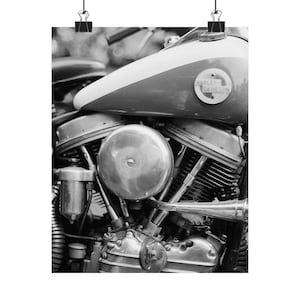 Harley Davidson Engine Photo Print | 35mm Black and White Film Poster | Vintage Motorcycle Wall Art | Garage Decor