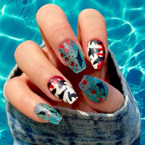 Acrylic BBB Duo Deal Blood In The Water / Sharks waterslide decal Wrap for Shark Week dip powder by Kozmik Nails