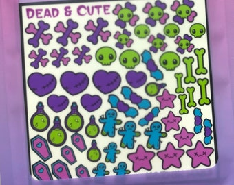 Dead & Cute handmade waterslide nail decals sheet Halloween voodoo doll stars moons poison coffins by Kozmik Nails