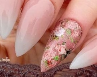 Vintage watercolor roses pink design focal accent nail art design water slide sheet full cover by Kozmik Nails