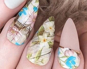 Vintage Wood Floral flower flowers blooms design focal accent nail art design water slide sheet full cover by Kozmik Nails