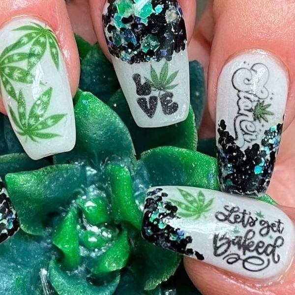 Feelin' Good Mary Jane Marijuana 420 nail decals waterslide handmade flying high by Kozmik Nails