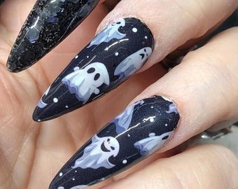 Cute Spooky Ghosts Wrap for Halloween accent focal nail art by Kozmik nails