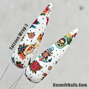 Old School Tattoo vintage American traditional style focal accent nail art design water slide sheet full cover by Kozmik Nails