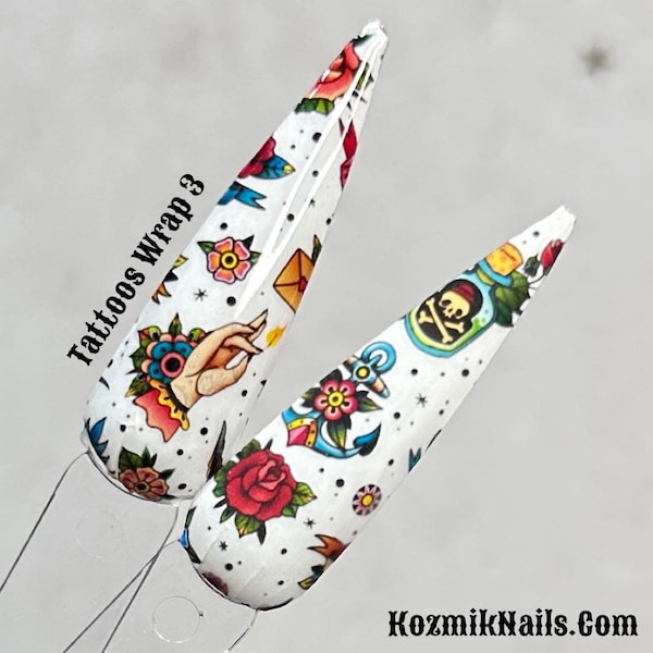 Old School Tattoo vintage American traditional style focal accent nail art design water slide sheet full cover by Kozmik Nails