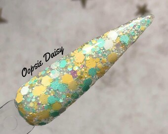 Oopsie Daisy matte iridescent glitter mix green orange mint honeydew cream acrylic dip powder by kozmik nails