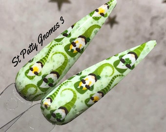 St Patty Gnomes 3 Patrick's Day green waterslide nail wrap sheet design for focal accent nail by Kozmik Nails