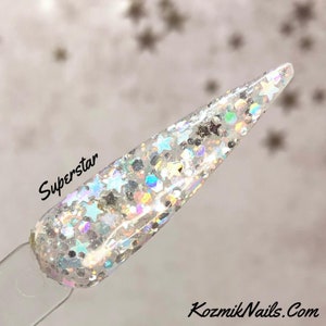 Superstar iridescent and silver star holo glitter mix acrylic dip powder by Kozmik Nails