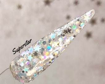 Superstar iridescent and silver star holo glitter mix acrylic dip powder by Kozmik Nails