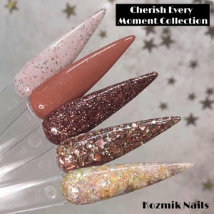 Cherish Every Moment Collection Rose Gold Mocha glitter foil acrylic dip dipping powder by Kozmik Nails