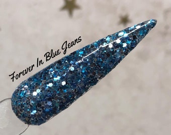 Forever In Blue Jeans blue glitter mix denim dip dipping acrylic powder by Kozmik Nails