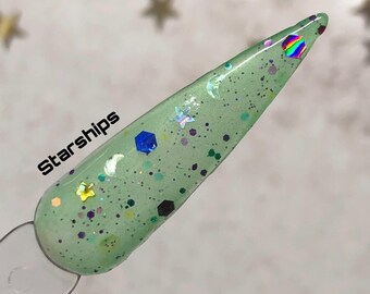 Starships neon green black light glow transparent jelly acrylic dipping powder by kozmik Nails