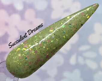 Succulent Dreams pink green glitter yellow flakies acrylic dip powder by Kozmik Nails