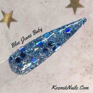 Blue Jeans Baby light medium denim blue glitter dip dipping powder by Kozmik Nails
