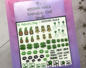 St. Patrick's Day shamrock lips love gnomes nail decals nail art by Kozmik nails