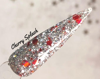 Cherry Splash red and silver glitter flakie acrylic dip dipping powder by Kozmik Nails