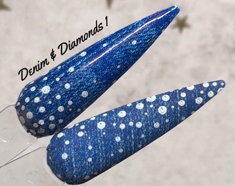 May include: Two blue nail polish samples with white polka dots. The nail polish is called "Denim & Diamonds 1".