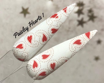 Paisley Hearts 1 red white paisley hearts waterslide wrap sheet design for focal accent nail art by Kozmik Nails