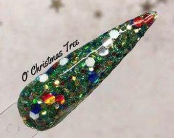 O' Christmas Tree green holiday colorful bulb dip dap powder acrylic nails by Kozmik Nails