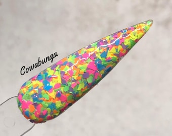 Cowabunga neon 80s dip dipping chip acrylic powder pink orange yellow green blue purple by Kozmik Nails