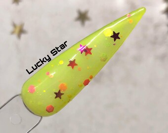 Lucky Star florescent neon yellow black light reactive glow hot pink stars jelly acrylic dip powder by Kozmik Nails