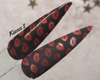 Kisses 2 red black lips waterslide nail wrap sheet decal for focal accent nail art by Kozmik Nails