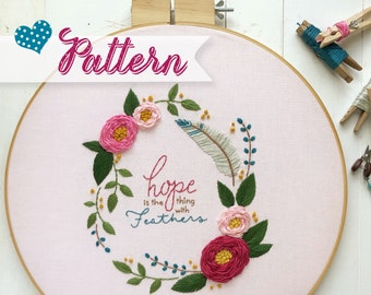 Hope and Feathers digital pattern hand-embroidery, stitching, embroidery, pdf file