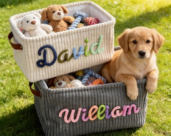 Cestino portagiochi personalizzato per animali domestici, contenitore portaoggetti per animali domestici in maglia ricamato personalizzato con nome, organizer per giocattoli per cani o gatti, cestino regalo per animali domestici, regalo fatto a mano