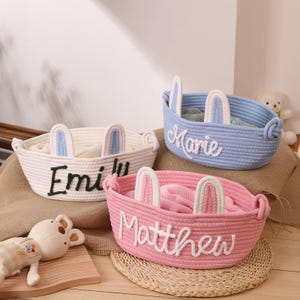 Personalisierter Babykorb, Kaninchenspielzeugkorb mit Namen, Seil-Baumwollbaby-Geschenkkorb, Babypartygeschenk, Spielzeug-Organisator, Kinderzimmergeschenk
