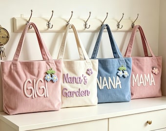 Custom Name Gigi Nana Corduroy Tote Bag,Grandma Favorite Things Storage Travel Bag,Personalized Sentimental Gifts for Grandmother Mom Friend