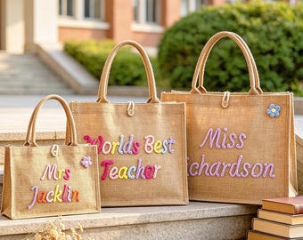 Personalized Teacher Burlap Tote Bag,Custom Crochet Teacher Name Tote Bag,Thank You Gift,Back to School  Present for Mrs. Teachers＆Educators