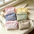 Personalized Ruffle Bridal Party Pouch, Custom Name Gingham Chenille Bag, Getting Ready Gift, Bride Morning Makeup Bag, Bridesmaid Pouch product logo
