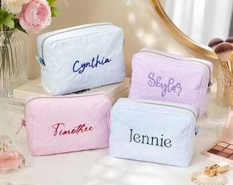 Monogrammed Seersucker Toiletry Bag, Custom Bridesmaid Makeup Bag, Personalized Bridesmaid Gift, Travel Name Pouch ,Sorority Bag, Team Gifts