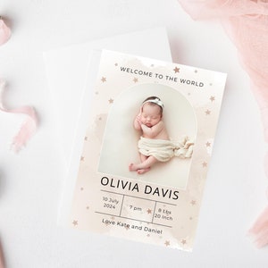 Baby Girl Birth Announcement new baby printable watercolor birth details newborn photo baby announcement template modern minimalist card