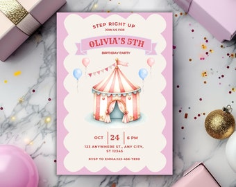 Editable pastel carnival birthday invite big top tent invitation fun fair birthday template pink circus printable
