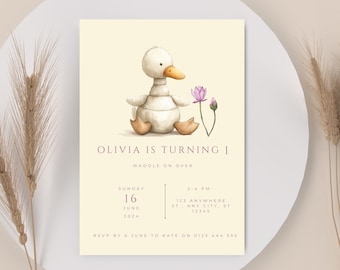 editable duck birthday invitation template waddle on over party invite girl birthday first birthday printable watercolor invite
