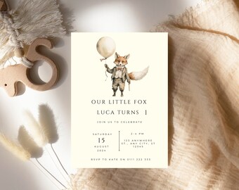 editable fox birthday invitation woodland party theme first birthday boy template forest animal party invite